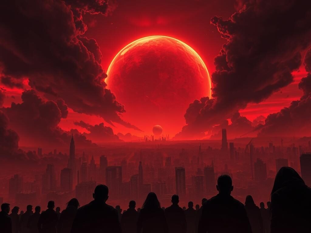 A dystopian landscape of crumbling cities, towering black clouds, and ominous red skies. Shadowy figures cower in the foreground, their faces etched with fear. In the distance, a massive, ominous celestial body looms, casting an eerie glow over the scene. The atmosphere is one of overwhelming dread and impending doom, as if the end of the world is near. The lighting is dramatic, with deep shadows and stark contrasts, creating a sense of foreboding. The overall composition is balanced, with the apocalyptic celestial body taking center stage, framed by the desolate cityscape and the huddled figures in the foreground.