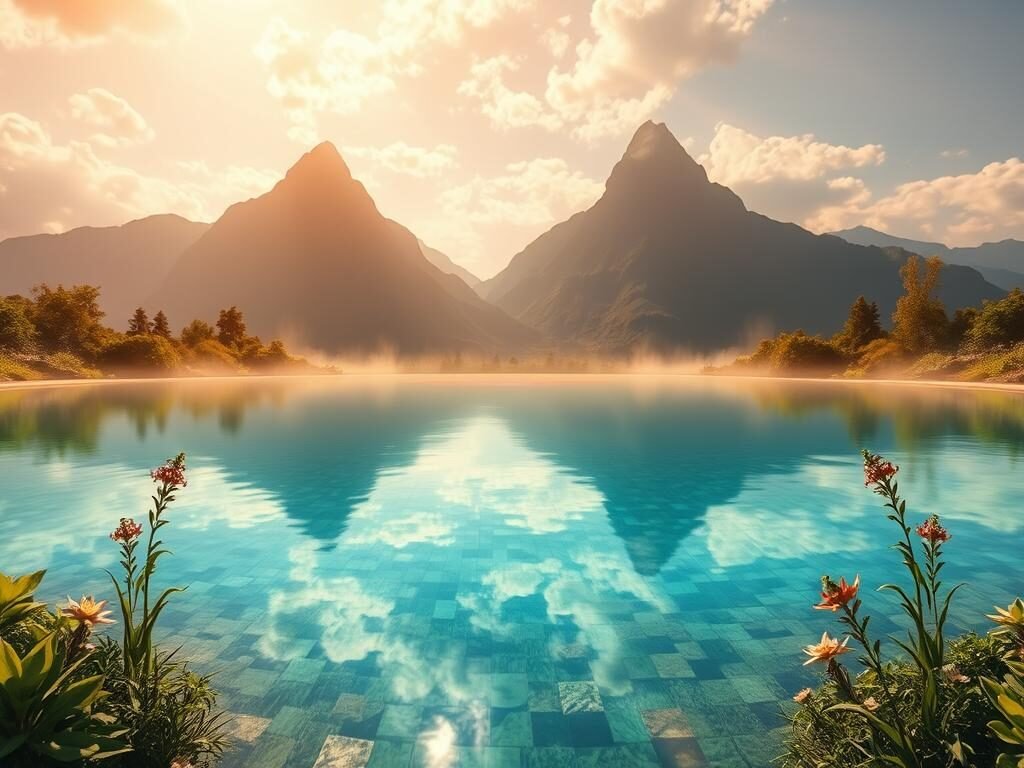 A tranquil, symmetrical scene depicting the Ley de Polaridad, the universal principle of duality. In the center, a serene pool of water reflects the sky above, creating a mirror-like effect. Surrounding the pool, lush greenery and flourishing plants symbolize growth and balance. In the distance, two mountains stand tall, their peaks reaching towards the heavens, representing the opposing forces of the cosmos. Warm, golden light filters through, casting a soft, contemplative glow over the entire composition. The overall atmosphere evokes a sense of harmony, inviting the viewer to meditate on the complementary nature of all things.