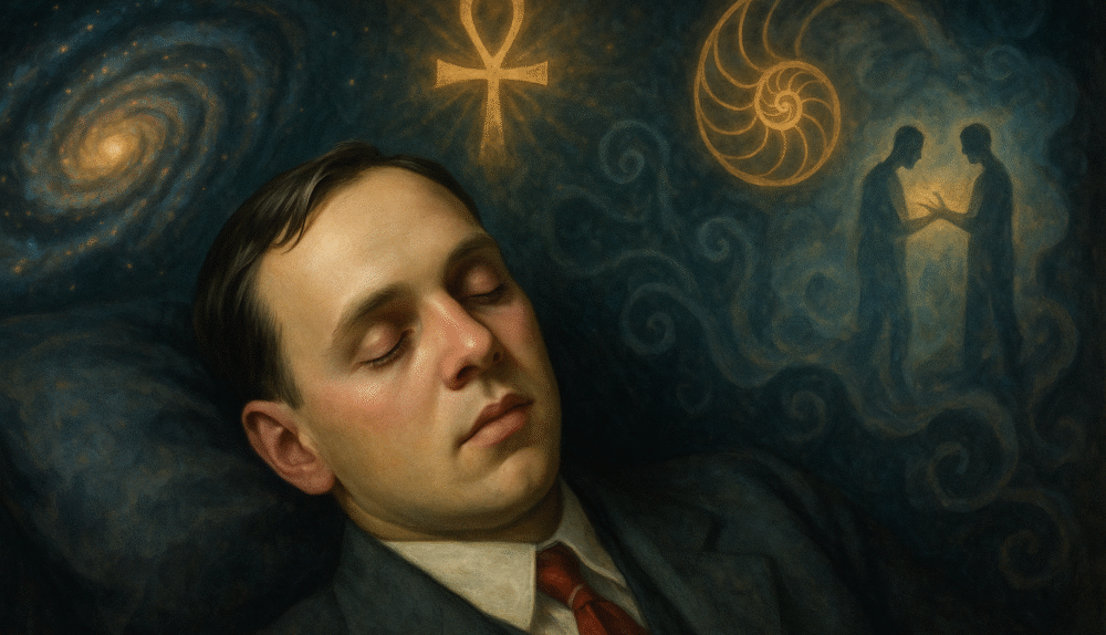 Edgar Cayce durmiendo plácidamente, con imágenes etéreas y simbólicas flotando a su alrededor representando sus visiones y conocimientos - quizás espirales cósmicas, símbolos antiguos, y siluetas de personas siendo sanadas.