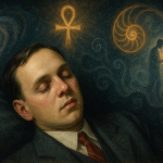 Edgar Cayce durmiendo plácidamente, con imágenes etéreas y simbólicas flotando a su alrededor representando sus visiones y conocimientos - quizás espirales cósmicas, símbolos antiguos, y siluetas de personas siendo sanadas.