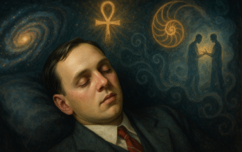 Edgar Cayce durmiendo plácidamente, con imágenes etéreas y simbólicas flotando a su alrededor representando sus visiones y conocimientos - quizás espirales cósmicas, símbolos antiguos, y siluetas de personas siendo sanadas.