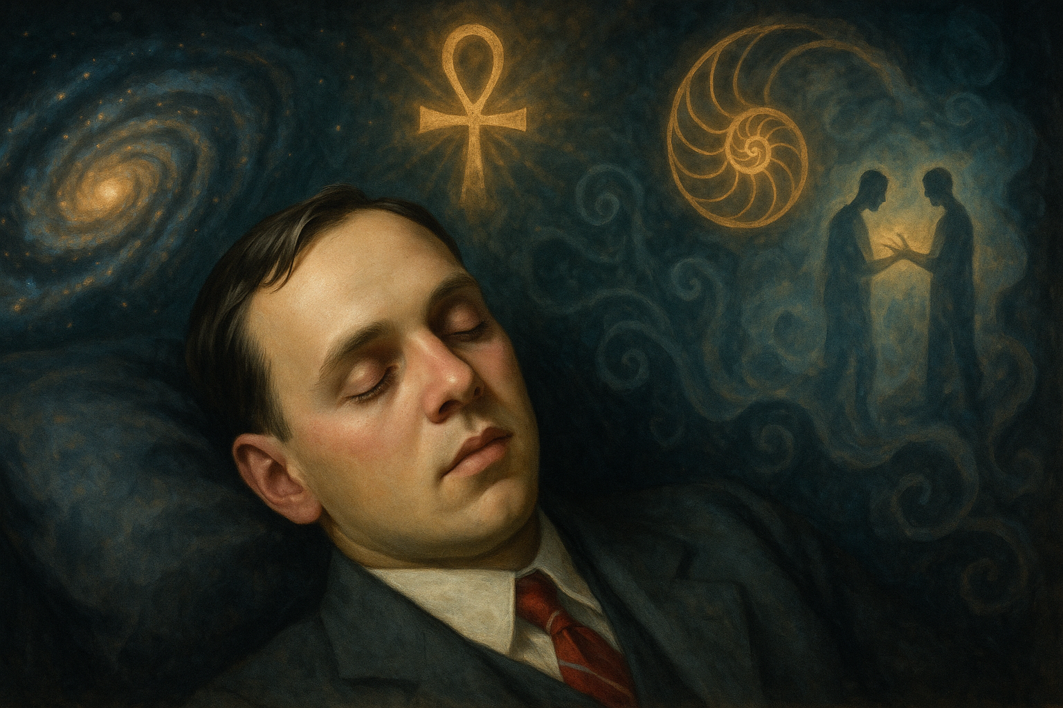 Edgar Cayce durmiendo plácidamente, con imágenes etéreas y simbólicas flotando a su alrededor representando sus visiones y conocimientos - quizás espirales cósmicas, símbolos antiguos, y siluetas de personas siendo sanadas.